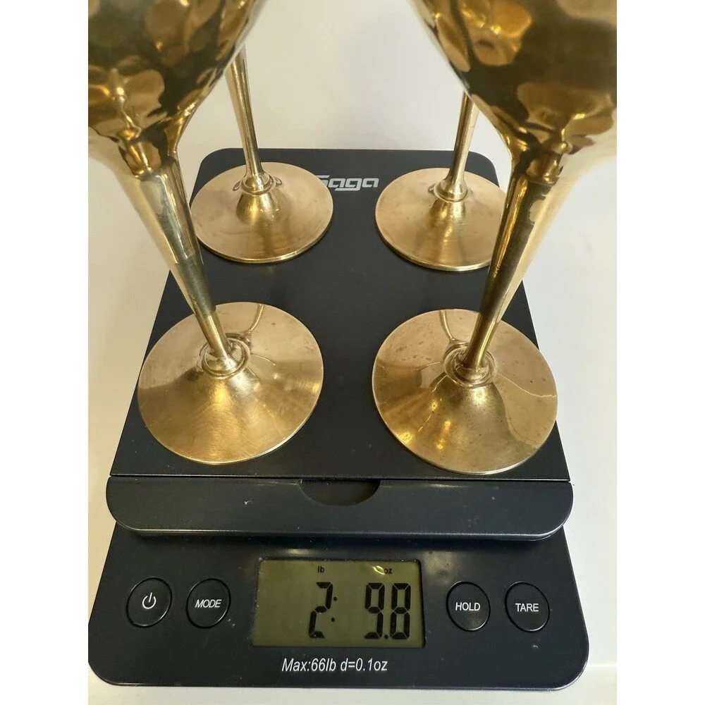 Vintage Hammered Solid Brass‎ Wine Goblets 7.5” Set Of 4 Made In India. Polished